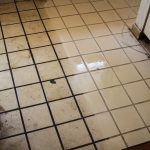 Cleaning tile and grout in progress. This image shows polished tiles and scrubbed grout alongside dirty tiles and grout - restaurants, call us if you need help getting your kitchen floors clean in Southwest Virginia.