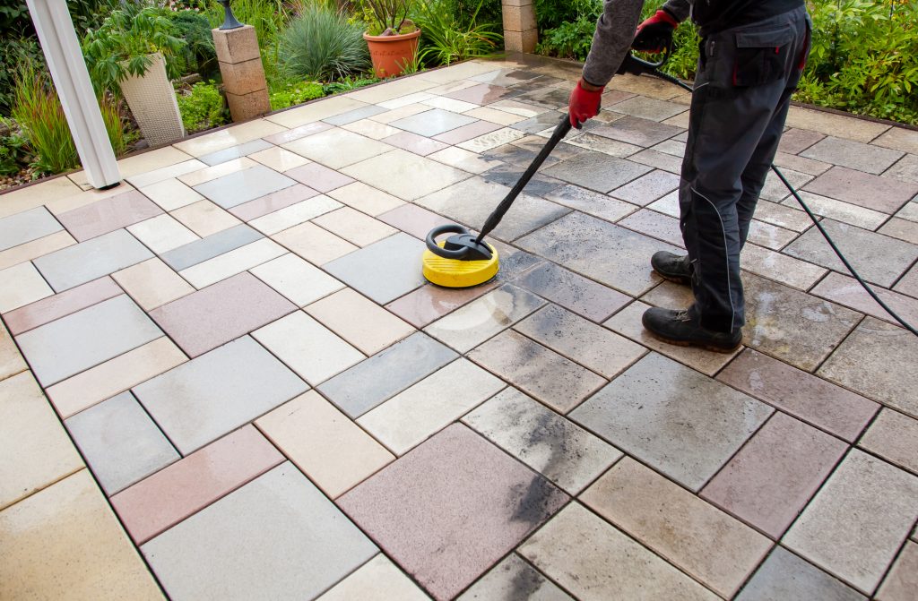 Stone care in progress. Smith Mountain Lake features many homes with stone patios. Quest Floor Care has the knowledge and skills to keep them looking good as new.